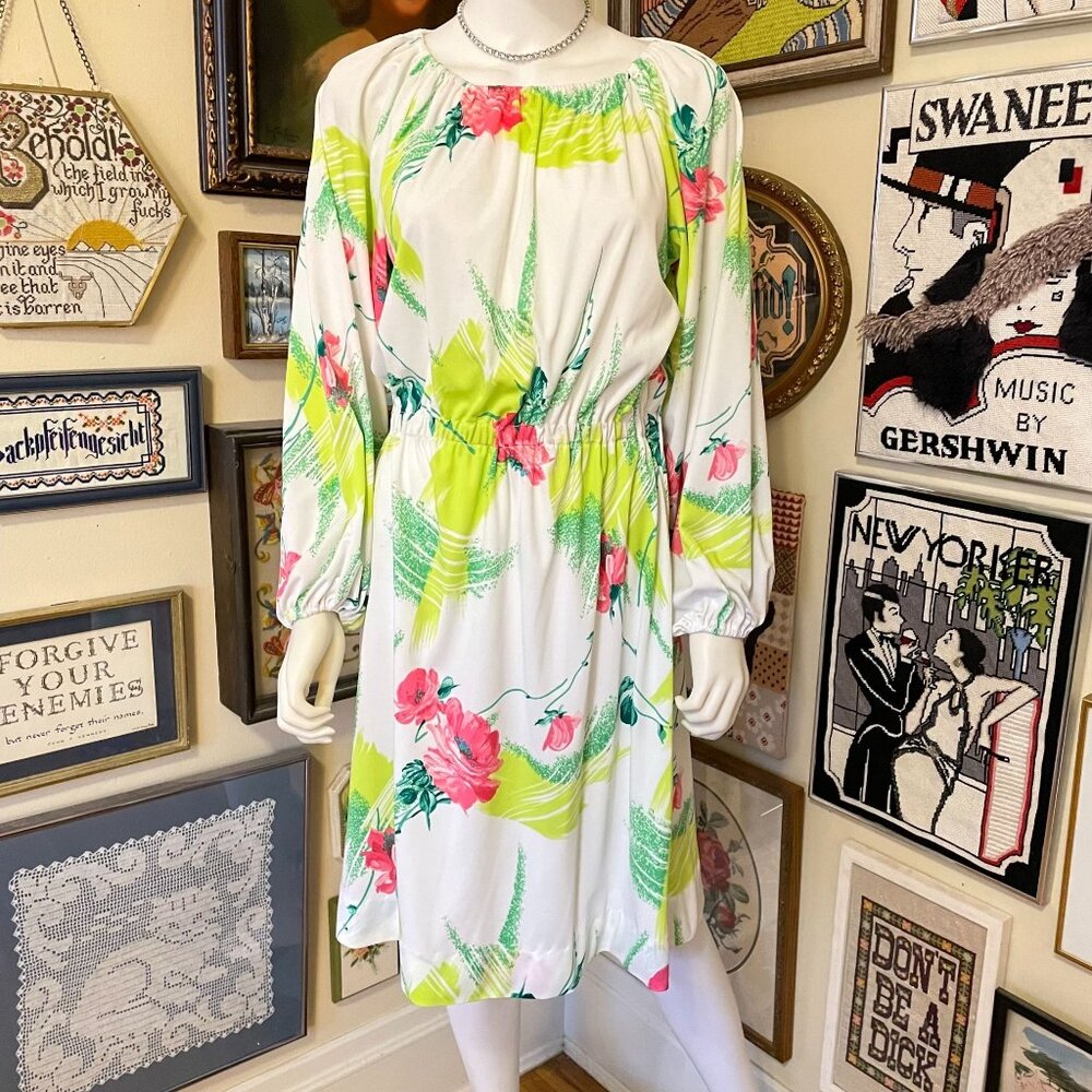 Vintage Pink Green White Floral Midi Dress With Elastic Waist & Long Sleeves XL